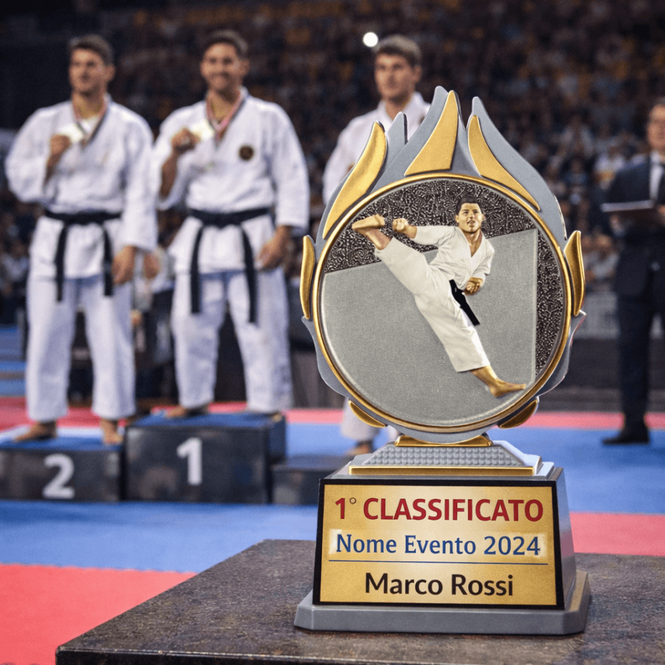 Trofeo karate personalizzato su podio durante premiazione gara arti marziali con atleti in kimono