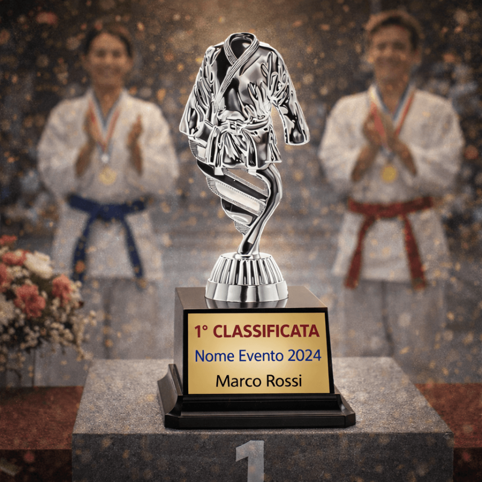 Trofeo karate personalizzato durante premiazione gara arti marziali con atleti e medaglie