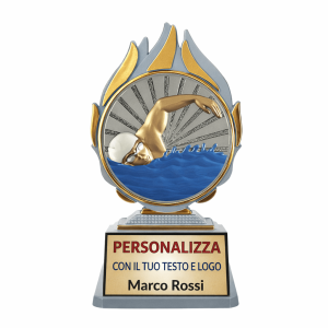 Trofeo nuoto personalizzato 14 cm con nuotatore su disco in resina argento e base con targhetta stampata gara