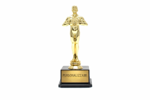 Trofeo Oscar personalizzato con targhetta bianca personalizzami esempio con stampa