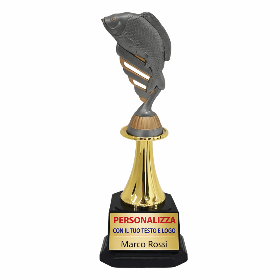 Trofeo Pesca 27 cm Oro con Targhetta Personalizzabile – Coppa Pesca Sportiva per Gare, Tornei ed Eventi