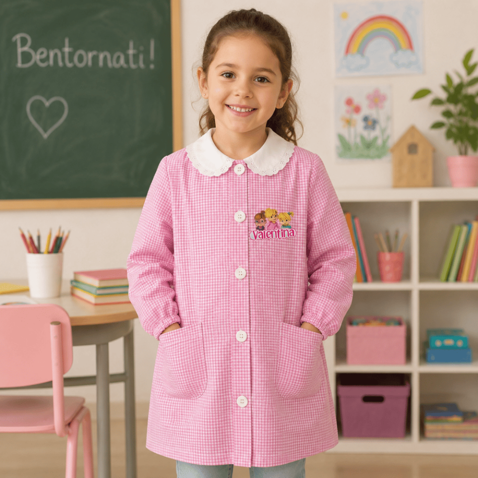 Grembiule Scuola Materna Asilo Infanzia Bimba Bambina a quadretti Rosa con Bottoni Personalizzato con nome Personaggio SCOIATTOLINE, Made in Italy, 3 4 5 6 7 Anni