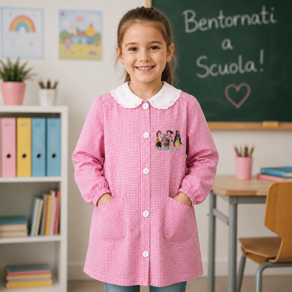 Grembiule Scuola Materna Asilo Infanzia Bimba Bambina a quadretti Rosa con Bottoni Personalizzato con nome Personaggio HNTERS, Made in Italy, 3 4 5 6 7 Anni