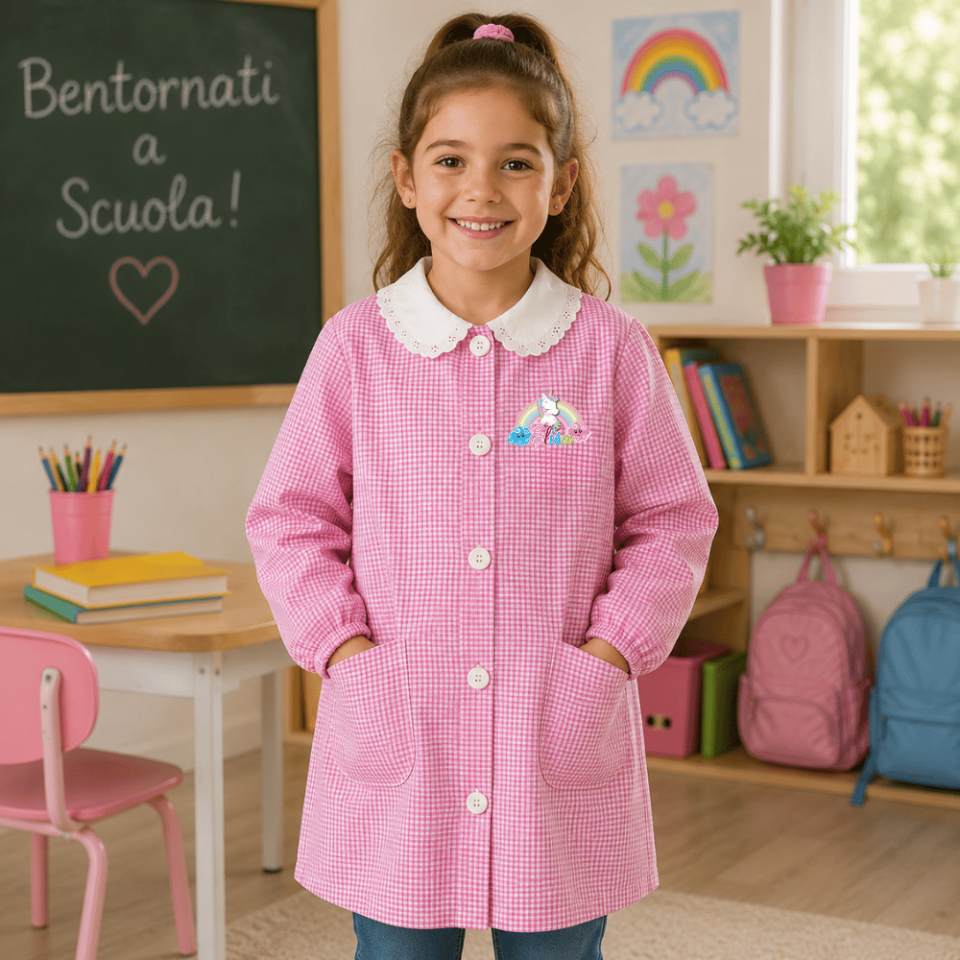 Grembiule Scuola Materna Asilo Infanzia Bimba Bambina a quadretti Rosa con Bottoni Personalizzato con nome Personaggio BABY UNICORN, Made in Italy, 3 4 5 6 7 Anni