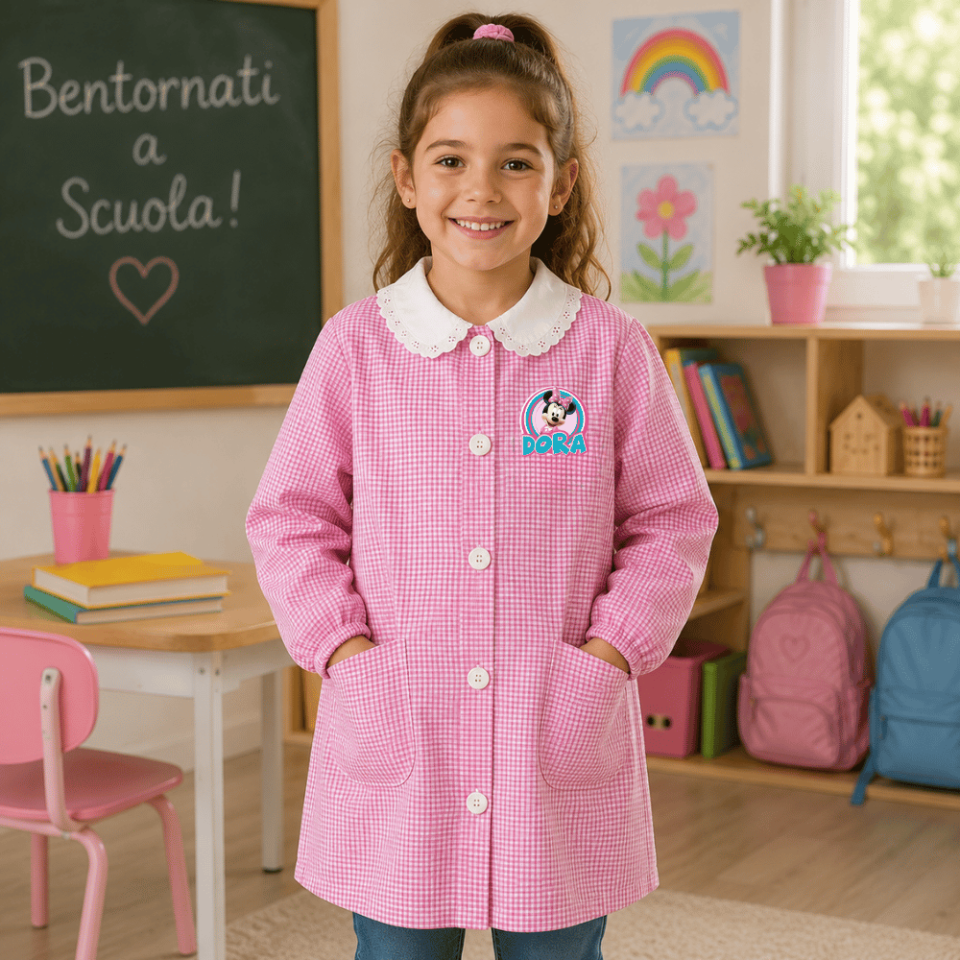 Grembiule Scuola Materna Asilo Infanzia Bimba Bambina a quadretti Rosa con Bottoni Personalizzato con nome Personaggio TOPOLINA, Made in Italy, 3 4 5 6 7 Anni