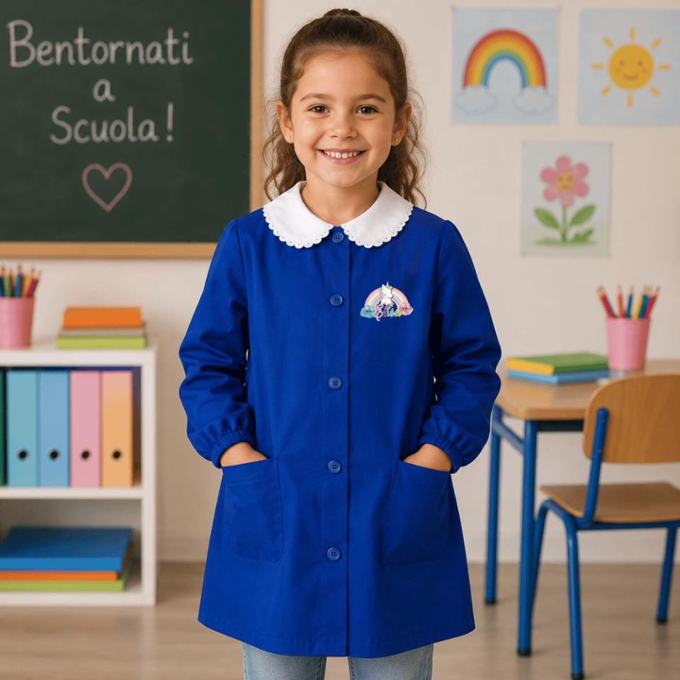 Grembiule Scuola Elementare Primaria Bimba Bambina Divisa Blu con Bottoni Personalizzato con nome e Personaggio BABY UNICORN, Made in Italy, 6 7 8 9 10 11 12 13 14 15 Anni
