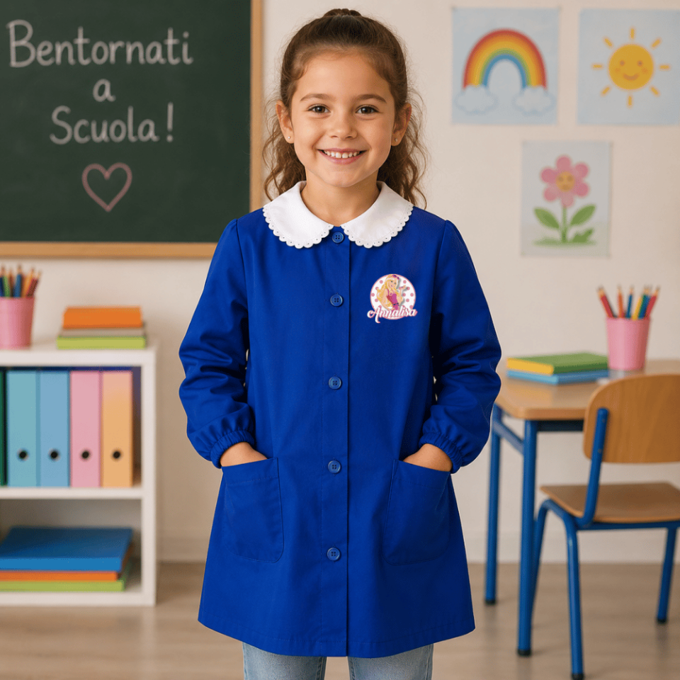Grembiule Scuola Elementare Primaria Bimba Bambina Divisa Blu con Bottoni Personalizzato con nome e Personaggio BAMBOLA, Made in Italy, 6 7 8 9 10 11 12 13 14 15 Anni