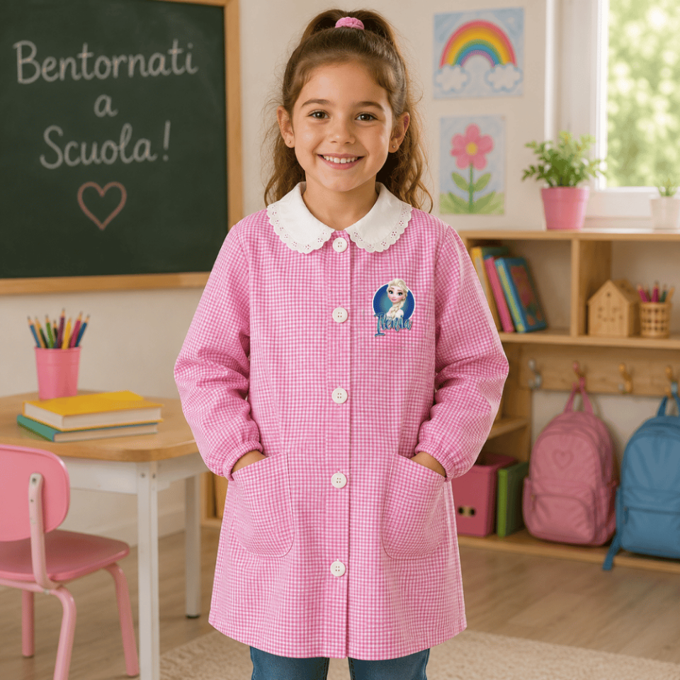 Grembiule Scuola Materna Asilo Infanzia Bimba Bambina a quadretti Rosa con Bottoni Personalizzato con nome Personaggio FORZEN, Made in Italy, 3 4 5 6 7 Anni