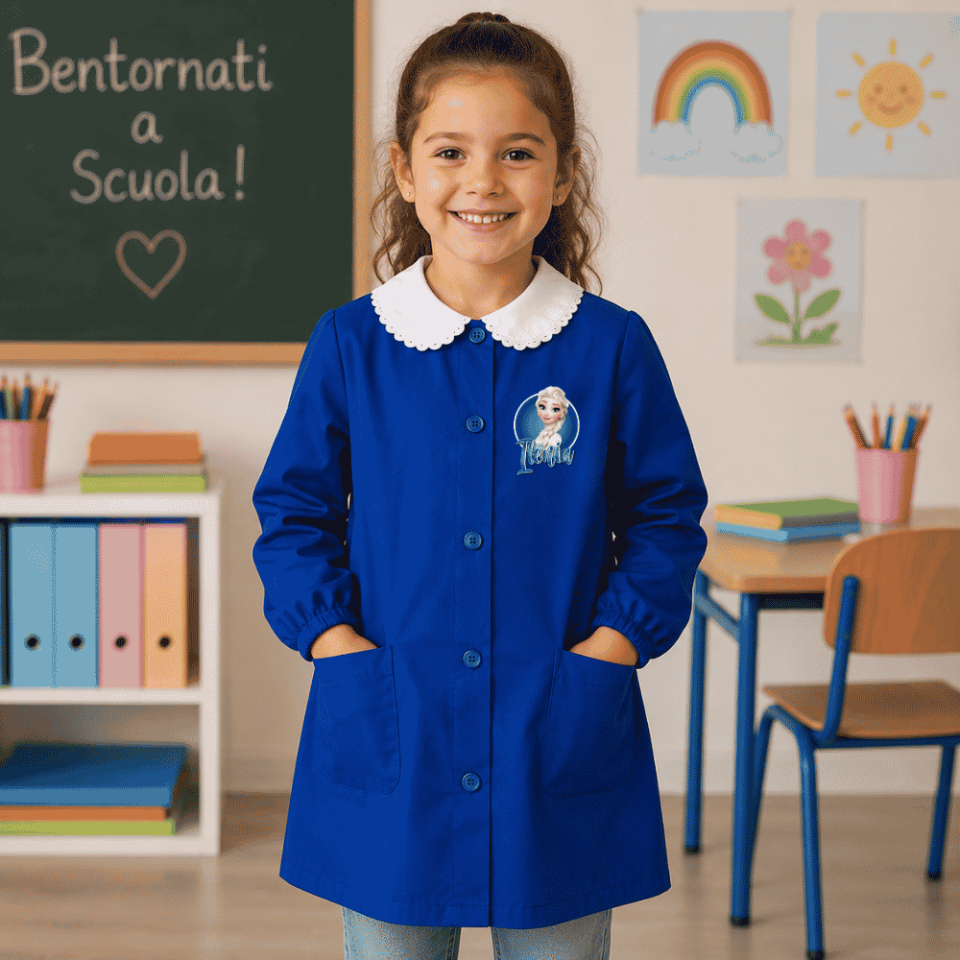 Grembiule Scuola Elementare Primaria Bimba Bambina Divisa Blu con Bottoni Personalizzato con nome e Personaggio FORZEN, Made in Italy, 6 7 8 9 10 11 12 13 14 15 Anni