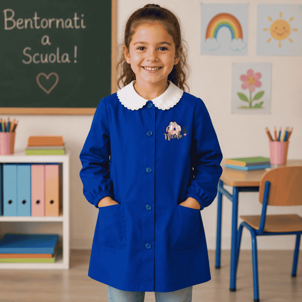 Grembiule Scuola Elementare Primaria Bimba Bambina Divisa Blu con Bottoni Personalizzato con nome e Personaggio BALLERINA, Made in Italy, 6 7 8 9 10 11 12 13 14 15 Anni