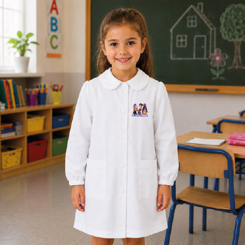 Grembiule Scuola Elementare Primaria Bimba Bambina Divisa Bianco con Bottoni Personalizzato con nome e Personaggio HUNTERS, Made in Italy, 3 4 5 6 7 8 9 10 11 12 13 14 15 Anni