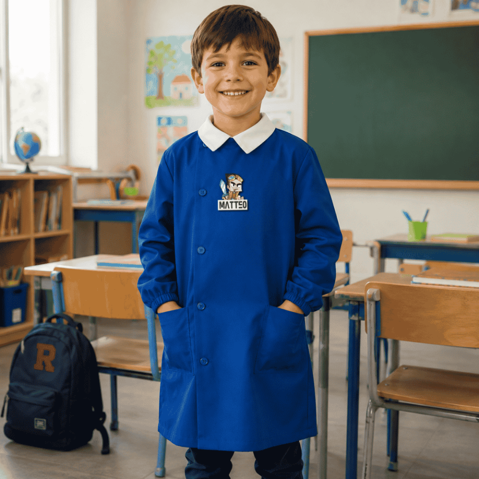 Grembiule Scuola Elementare Primaria Bimbo Bambino Divisa Blu con Bottoni Personalizzato con nome e Personaggio LION, Made in Italy, 6 7 8 9 10 11 12 13 14 15 Anni