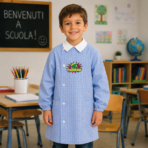 Grembiule Scuola Materna Asilo Infanzia Bimbo Bambino a quadretti Azzurri con Bottoni Personalizzato con nome Personaggio HULK, Made in Italy, 3 4 5 6 7 Anni