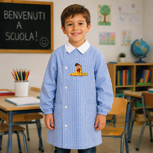 Grembiule Scuola Materna Asilo Infanzia Bimbo Bambino a quadretti Azzurri con Bottoni Personalizzato con nome Personaggio ALVIN, Made in Italy, 3 4 5 6 7 Anni