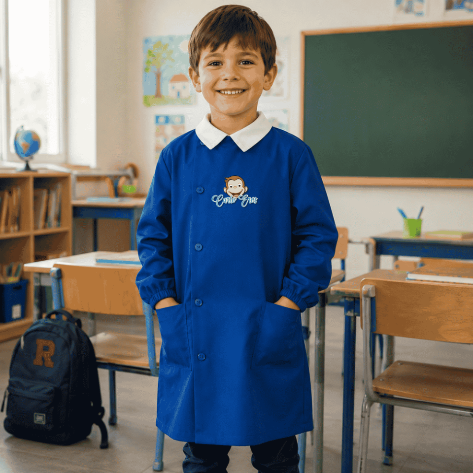 Grembiule Scuola Elementare Primaria Bimbo Bambino Divisa Blu con Bottoni Personalizzato con nome e Personaggio GEORGE, Made in Italy, 6 7 8 9 10 11 12 13 14 15 Anni